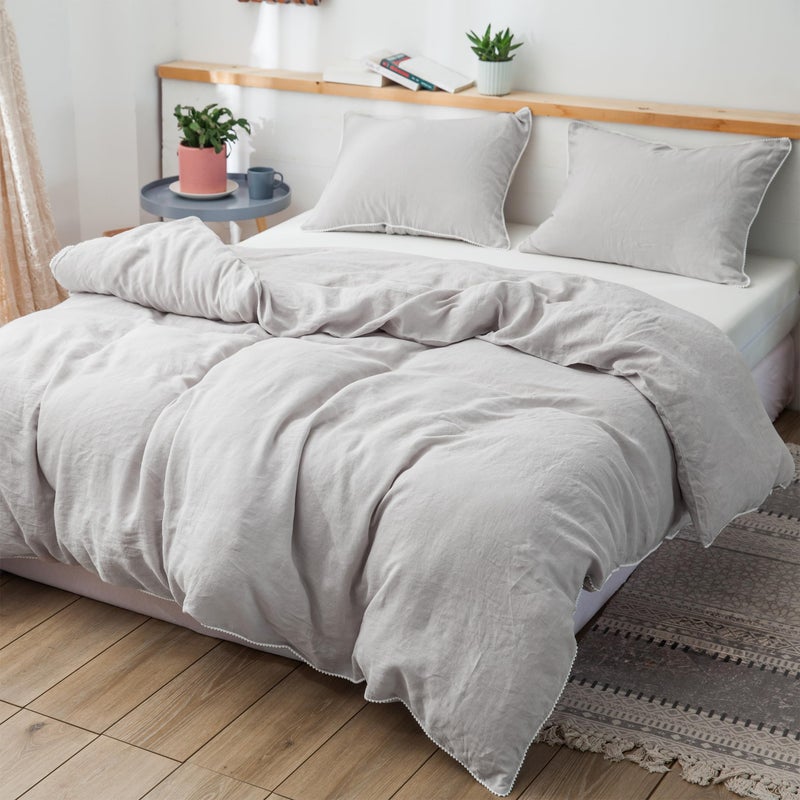 Simple&Opulence 100% Washed Linen Duvet Cover with Pom Pom Trim, Natural French Flax Bedding Set Soft Breathable,1 Farmhouse Boho Comforter Cover and 2 Pillow Shams(Queen,Natural Linen) - Image 1